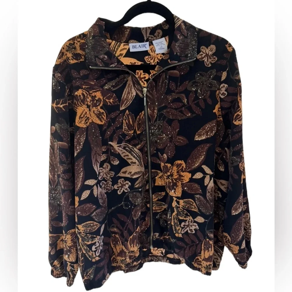 Blair Women L Brown Burnt Orange Floral Lightweight Zip Front Jacket Boho Casual